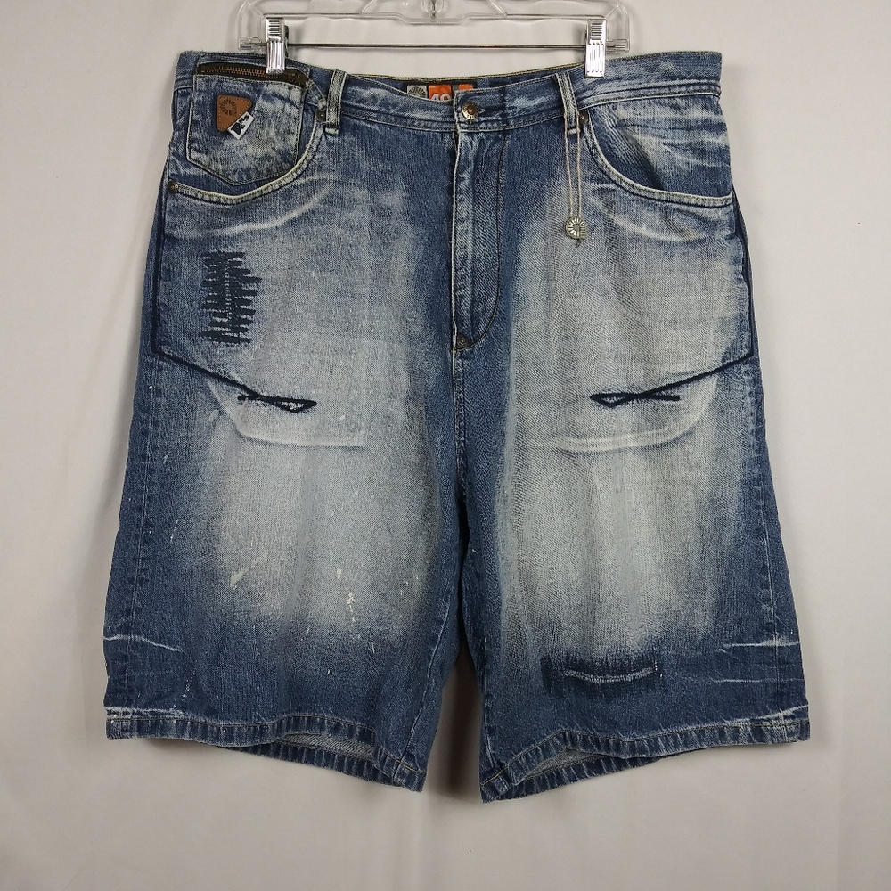 Vintage Akademiks Jean Shorts Blue Distressed Wide Leg Baggy Relaxed Mens 40 Y2K
